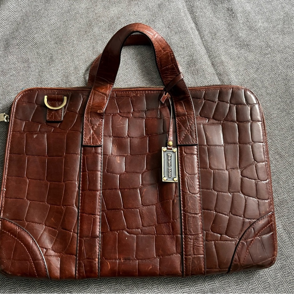 Brown Leather Laptop Bag with Crocodile Embossed Pattern